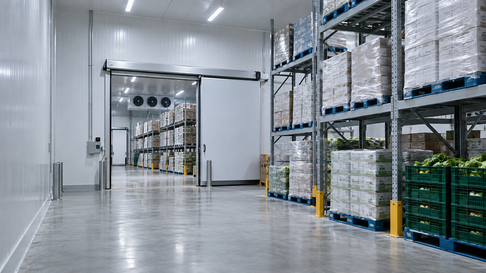 AI-generated concept of commercial cold storage with insulated rooms, refrigeration equipment and palletised food