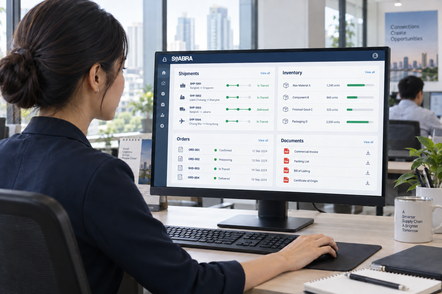 AI-generated concept of a coordinator viewing shipments, inventory, orders and documents; illustrative dashboard, not the actual customer portal