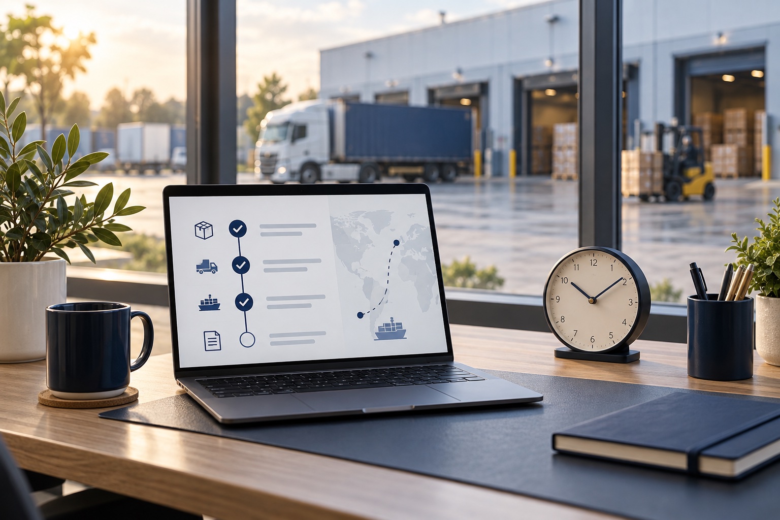 Digital shipment checklist and desk clock at a cargo dispatch office
