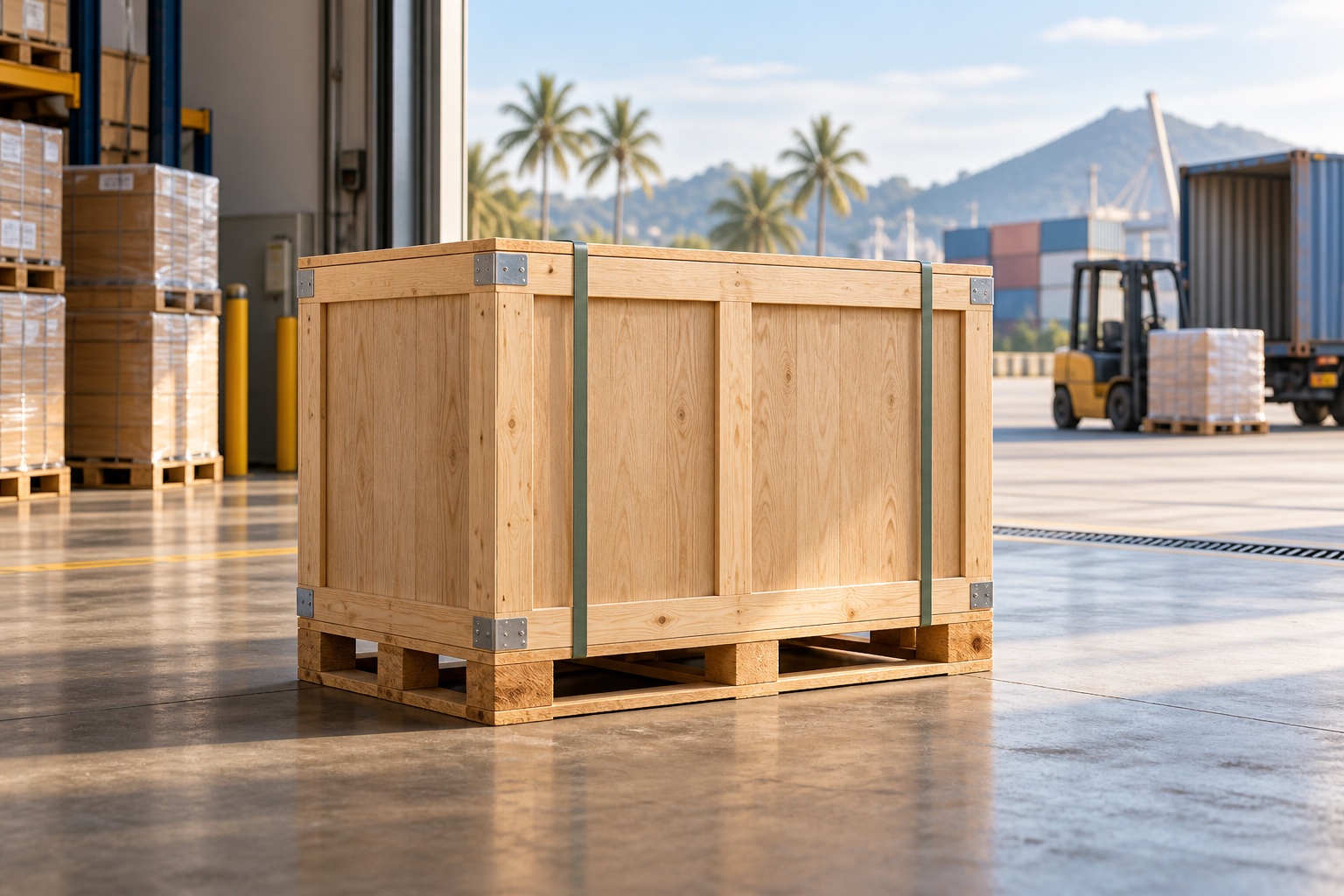 Export crate prepared at a warehouse dispatch bay