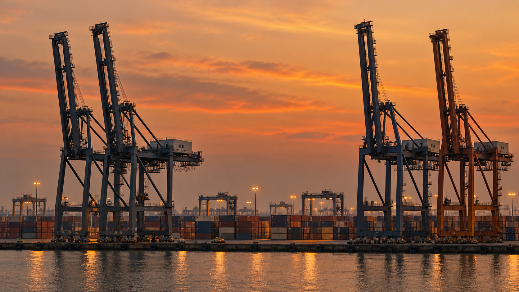 AI-generated illustration of port cranes at sunset