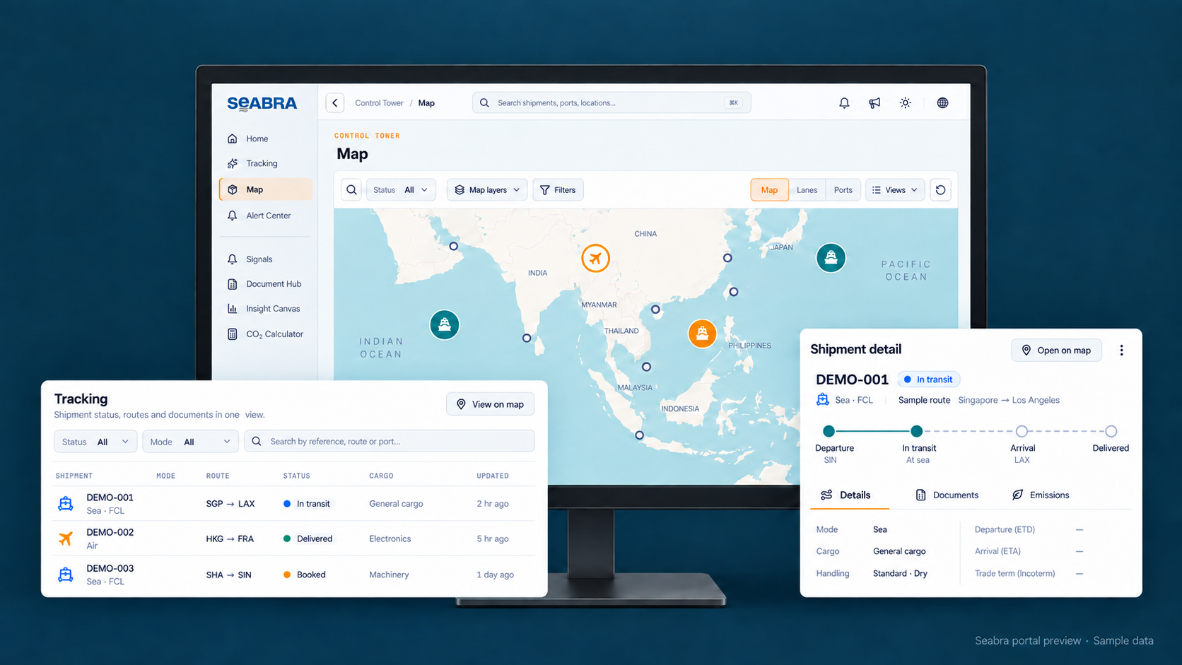 Seabra portal preview based on the platform interface: map, shipment tracking and shipment details displayed on a monitor, with sample data