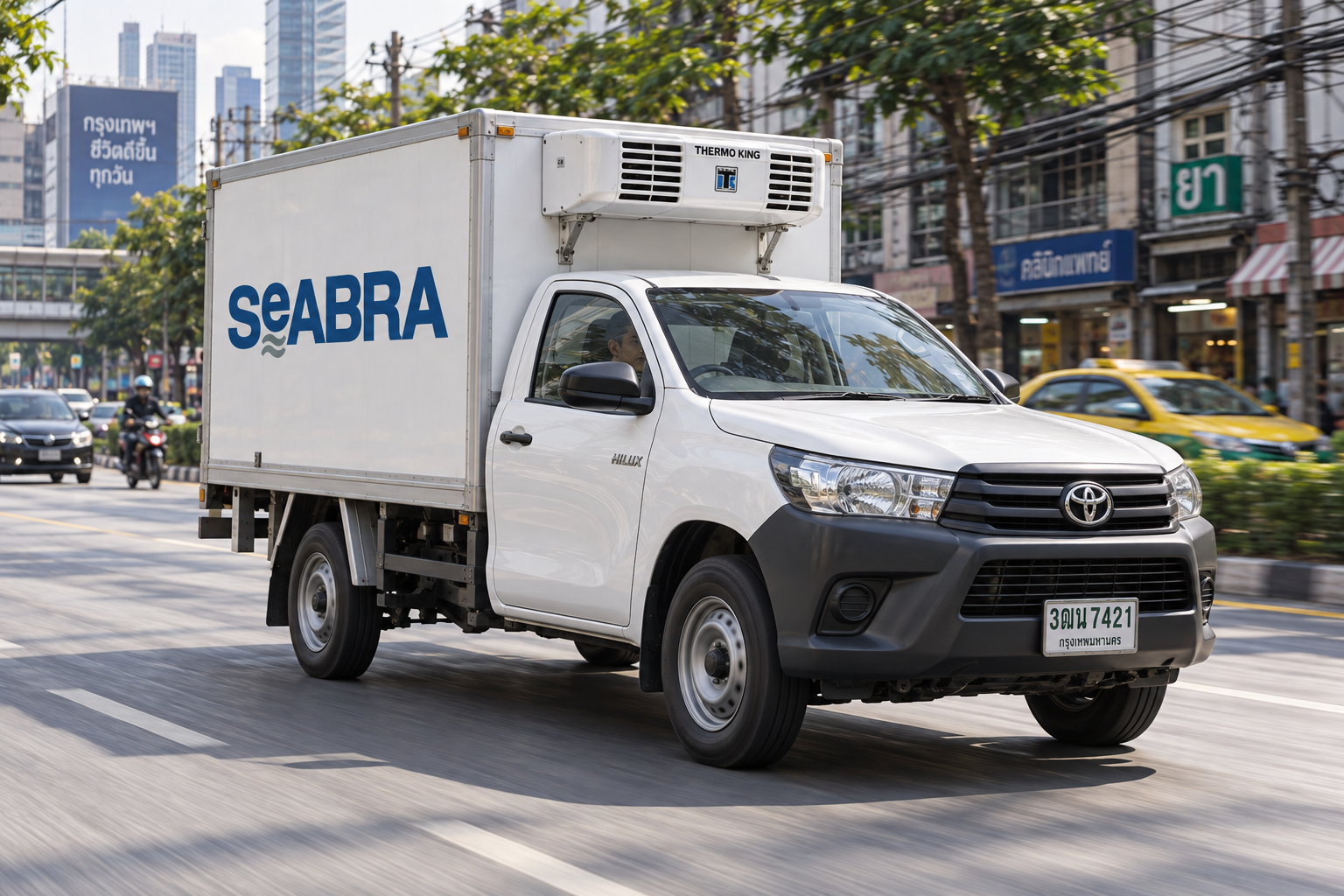 AI-generated illustration of a Seabra-branded refrigerated pickup driving through Bangkok